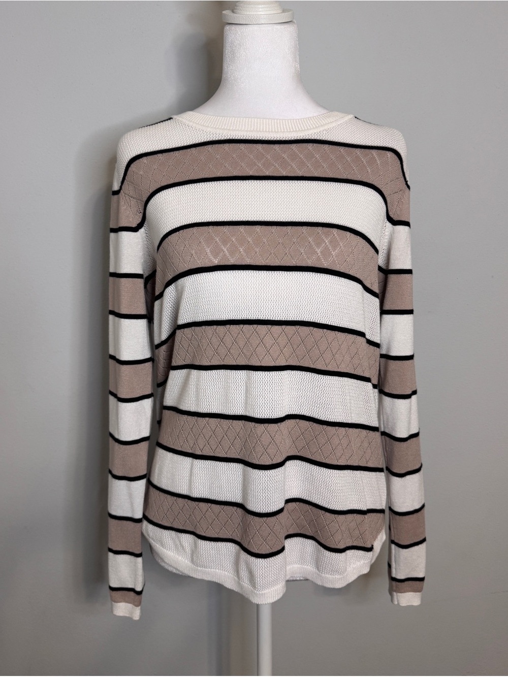 Lety & Me Striped Beige and White Women's Sweater - Classic Crewneck